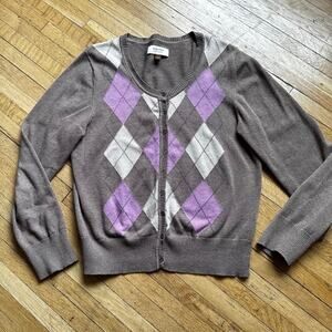 Sonoma Women's Argyle Cardigan Sweater Size L 100% Cotton Spring Classic